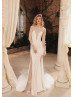 Long Sleeves Beaded Ivory Lace Satin Fairytale Wedding Dress